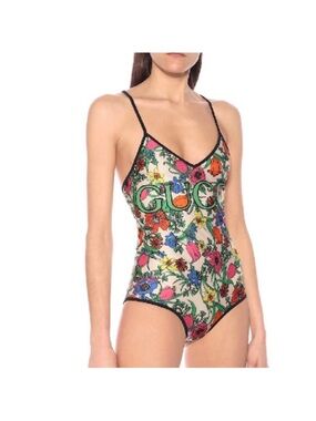 Gucci Floral Logo One-Piece Swimsuit in Cream, Green, Pink, Blue